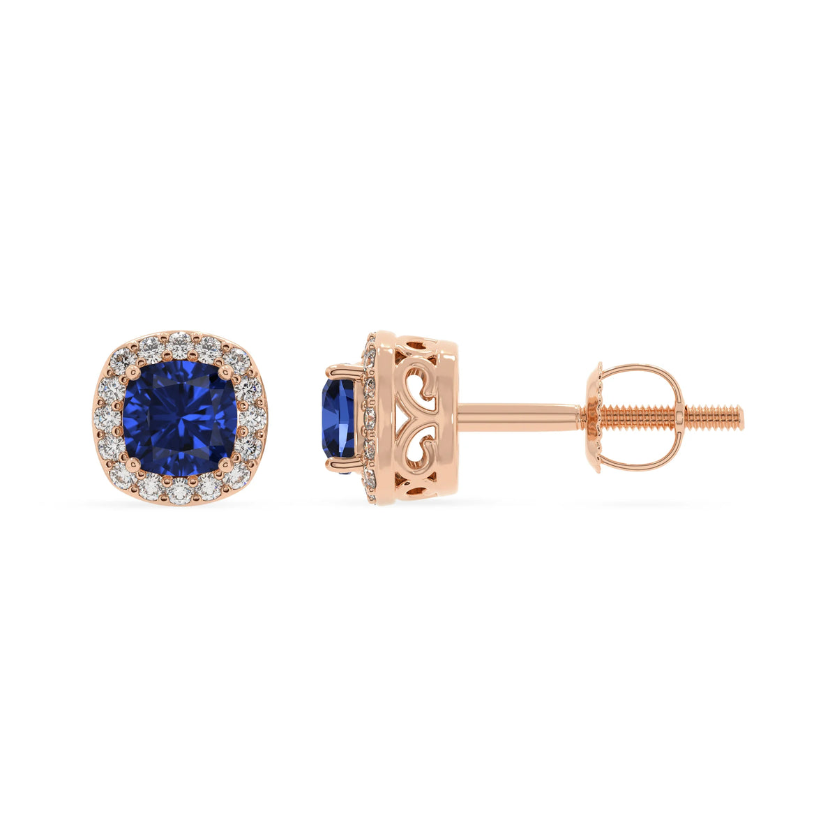 lab grown blue sapphire cushion stud earrings in rose gold 