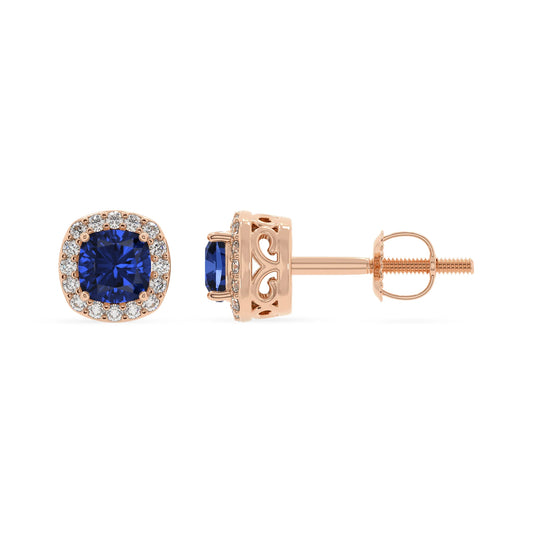 lab grown blue sapphire cushion stud earrings in rose gold 