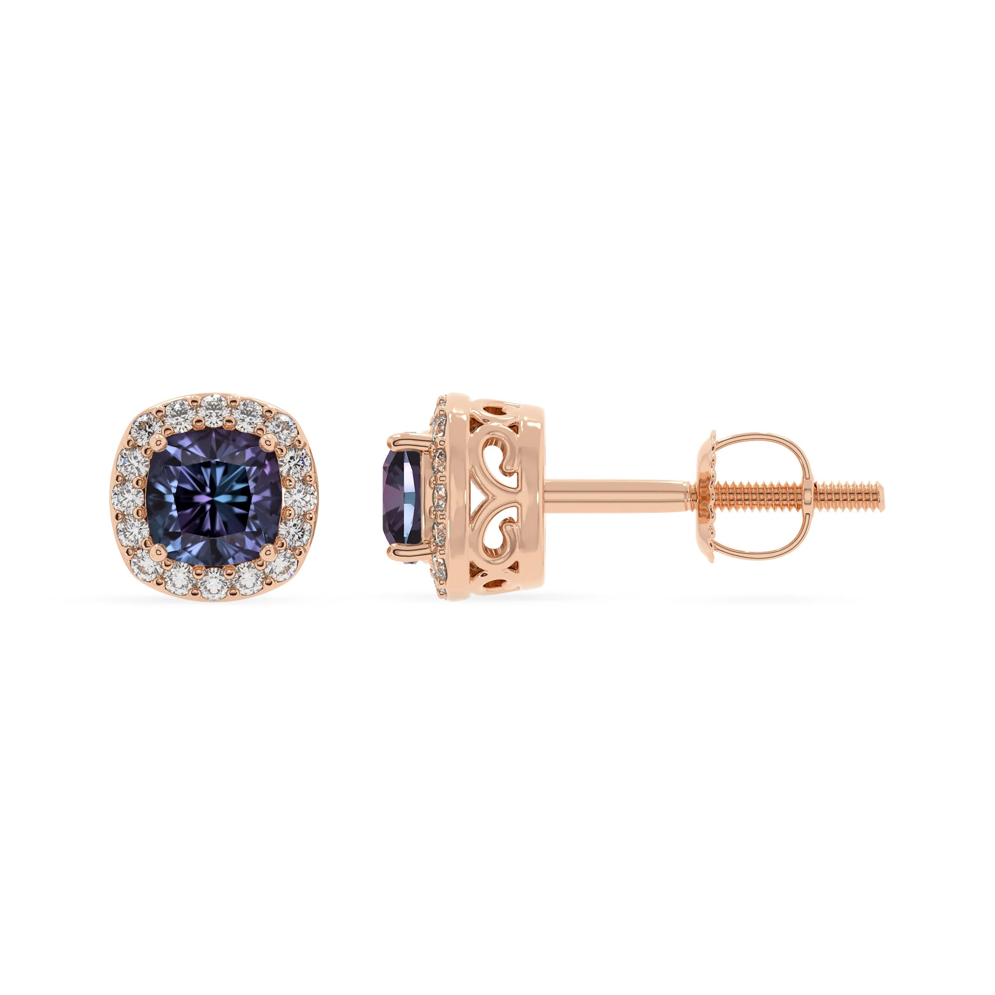 lab grown alexandrite cushion stud earrings in rose gold 