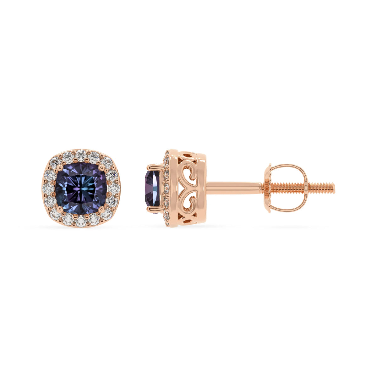 lab grown alexandrite cushion stud earrings in rose gold 