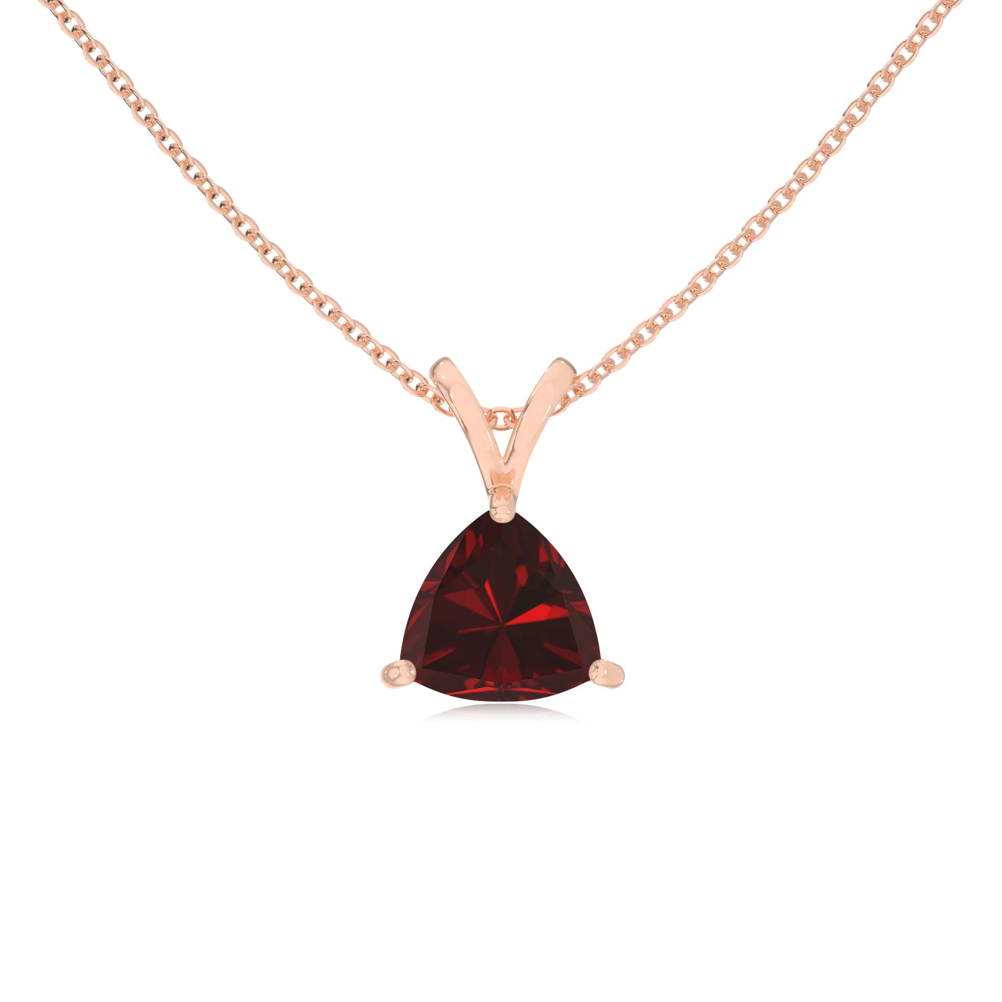 natural garnet trillion solitaire v-bale necklaces in rose gold 