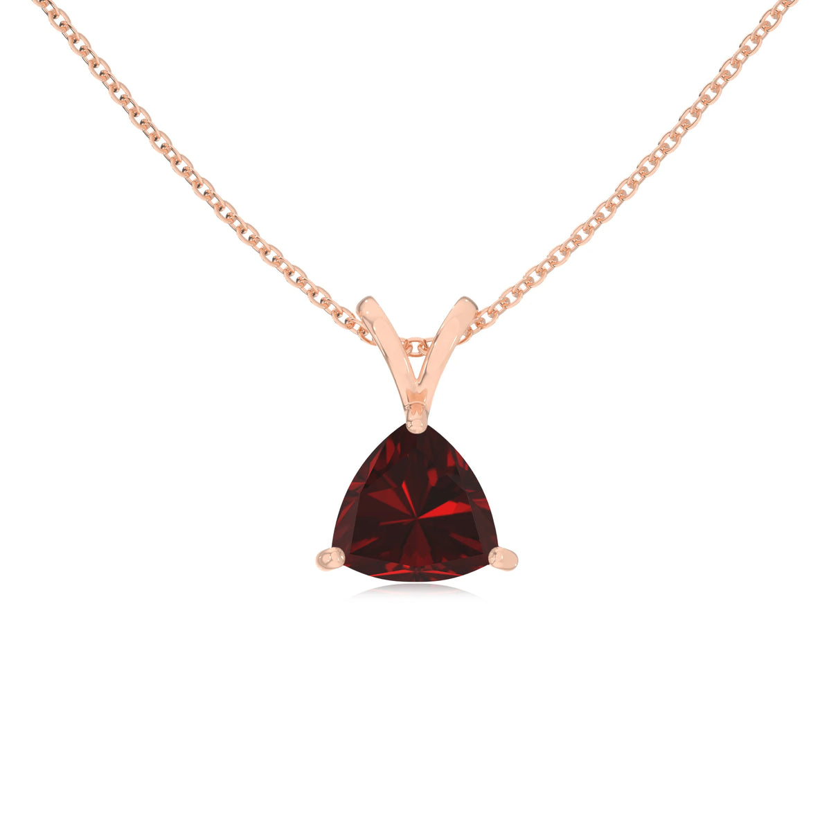 natural garnet trillion solitaire v-bale necklaces in rose gold 