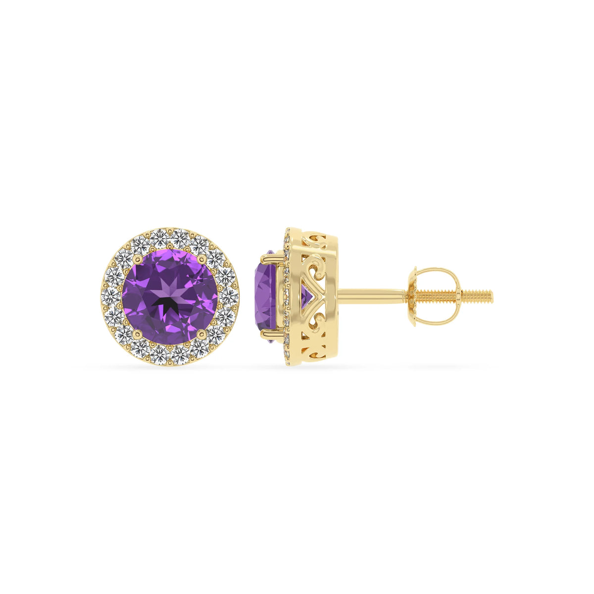 lab grown amethyst round stud earrings in yellow gold 