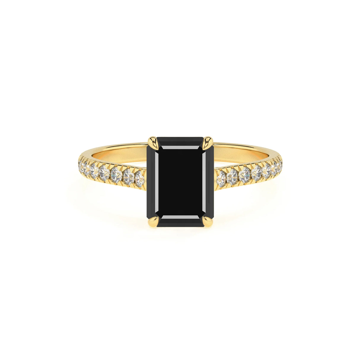 natural black-onyx emerald cut half eternity solitaire engagement rings in yellow gold 