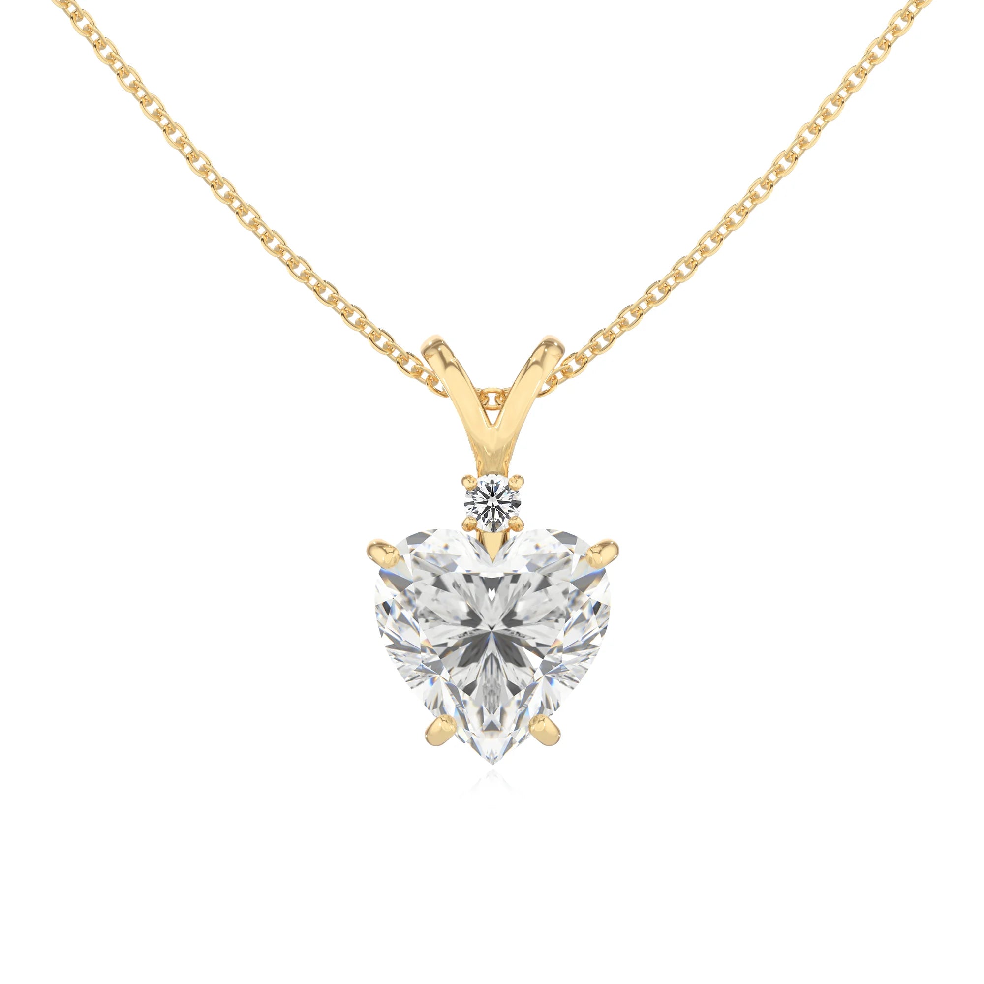 lab grown moissanite heart solitaire v-bale necklaces in yellow gold 