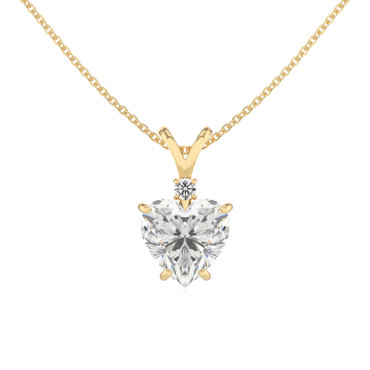 lab grown moissanite heart solitaire v-bale necklaces in yellow gold 