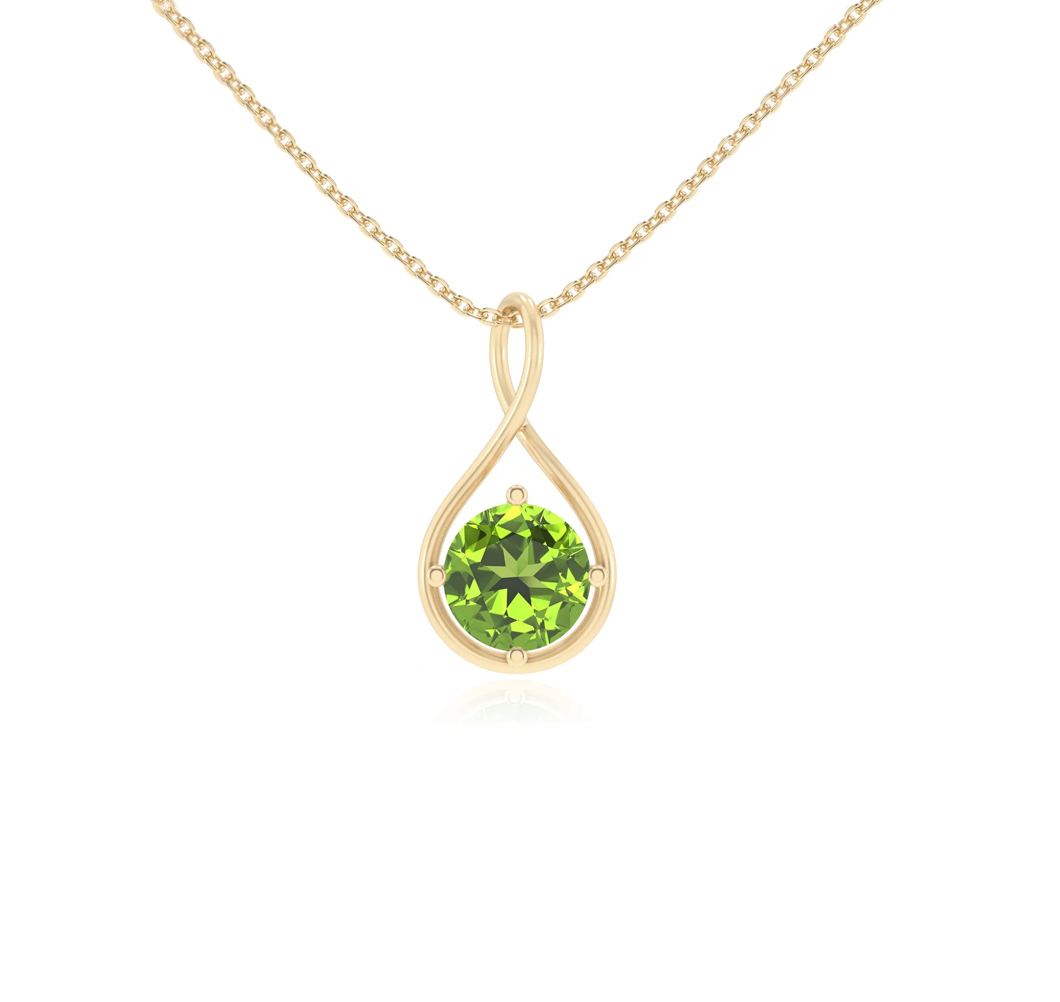 natural peridot round solitaire necklaces in yellow gold 