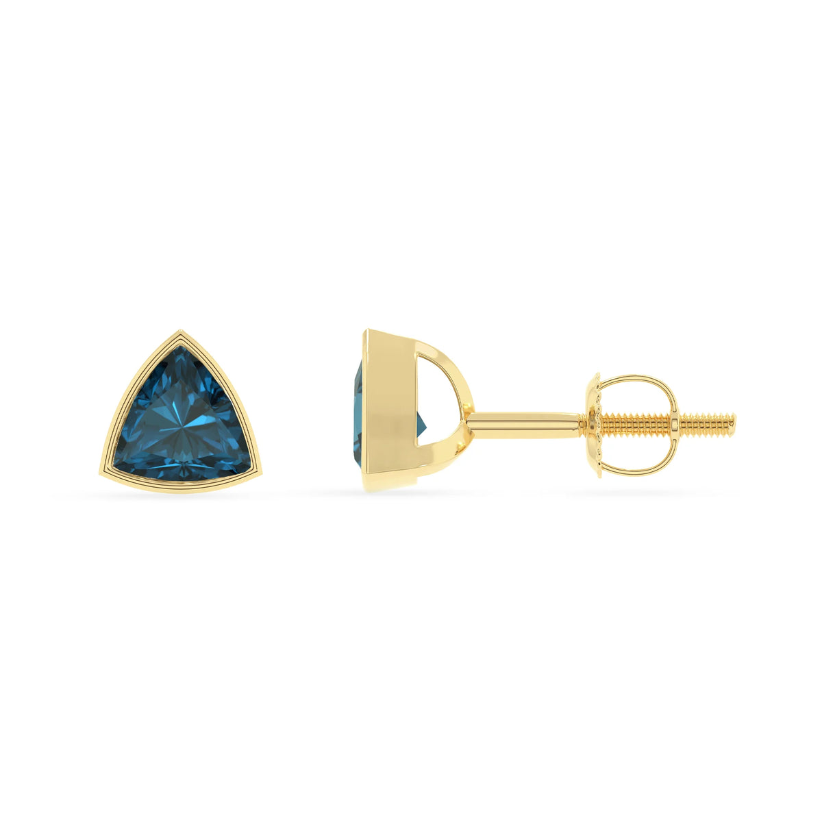 natural london blue topaz trillion stud earrings in yellow gold 