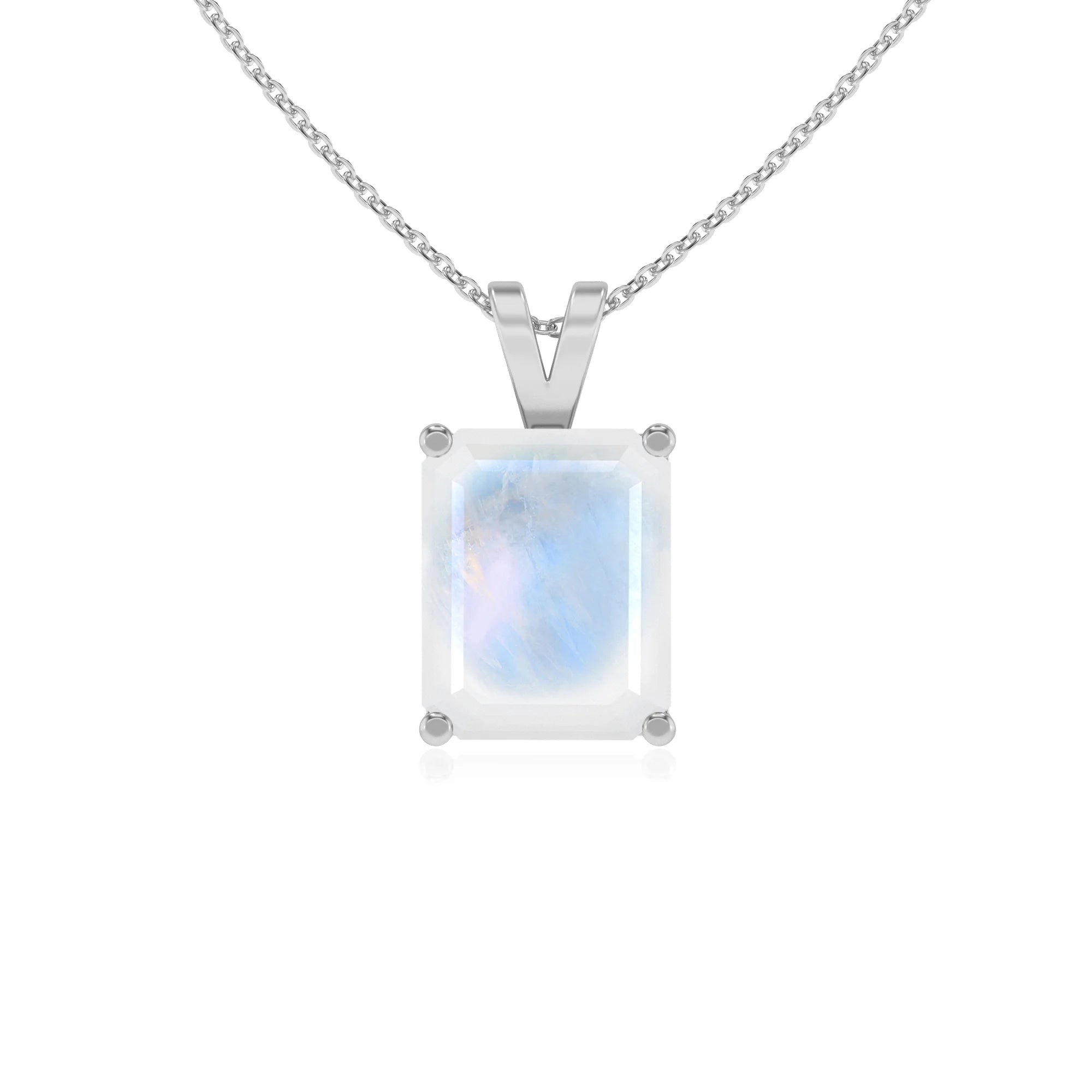 natural rainbow-moonstone emerald cut solitaire v-bale necklaces in platinum 