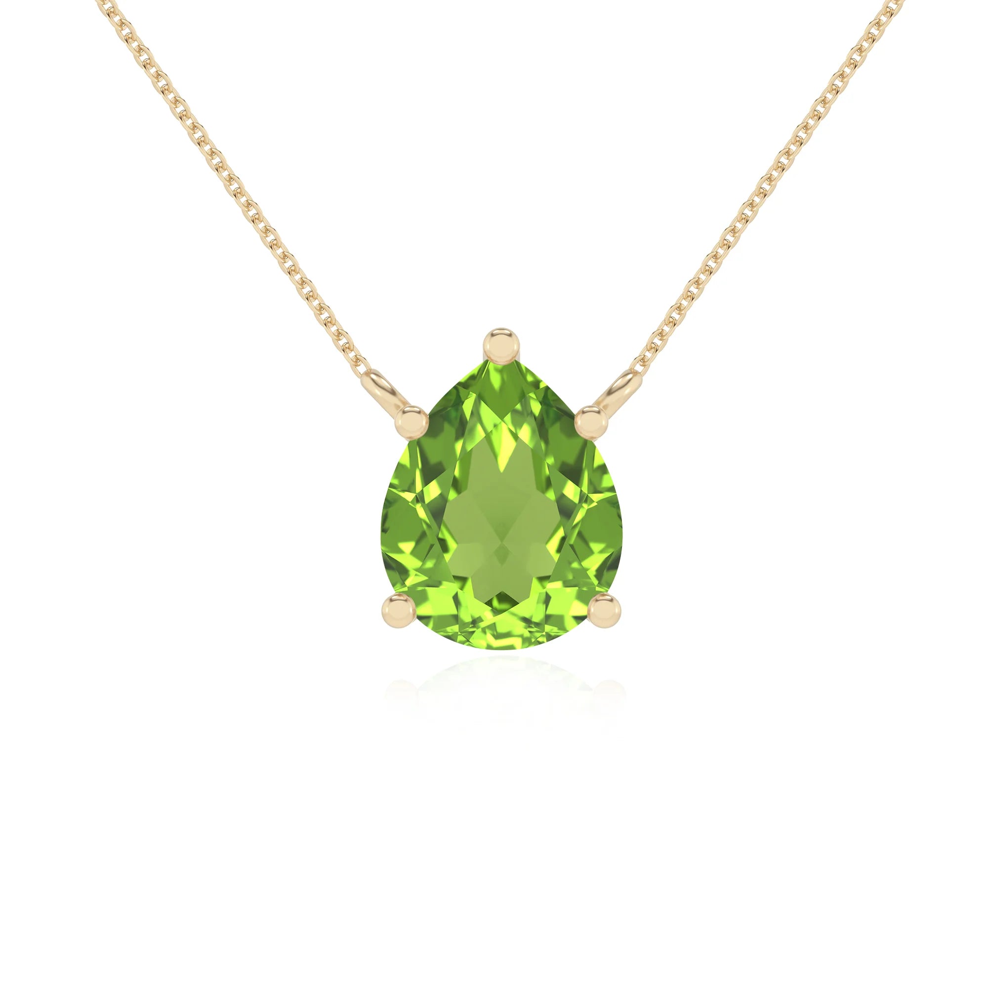 natural peridot pear solitaire necklaces in yellow gold 