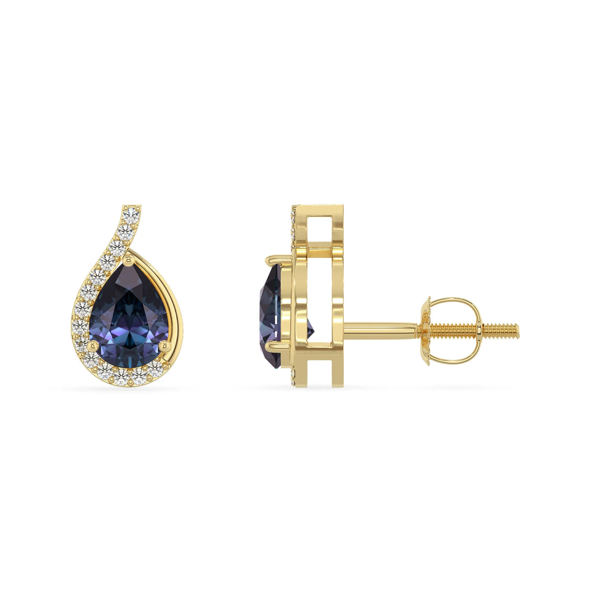 lab grown alexandrite pear stud earrings in yellow gold 