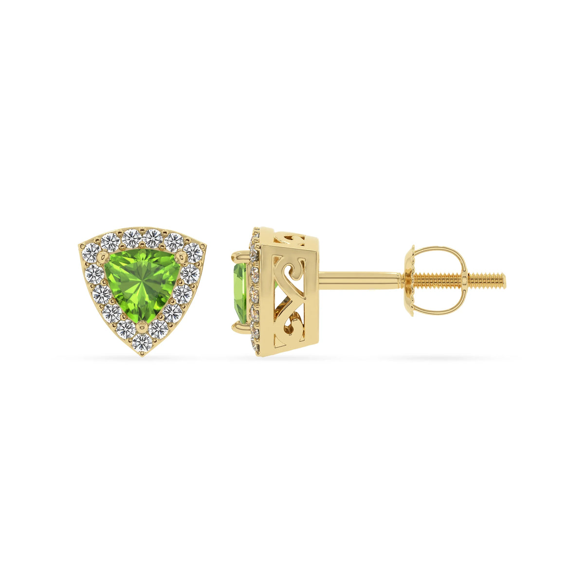 natural peridot trillion stud earrings in yellow gold 