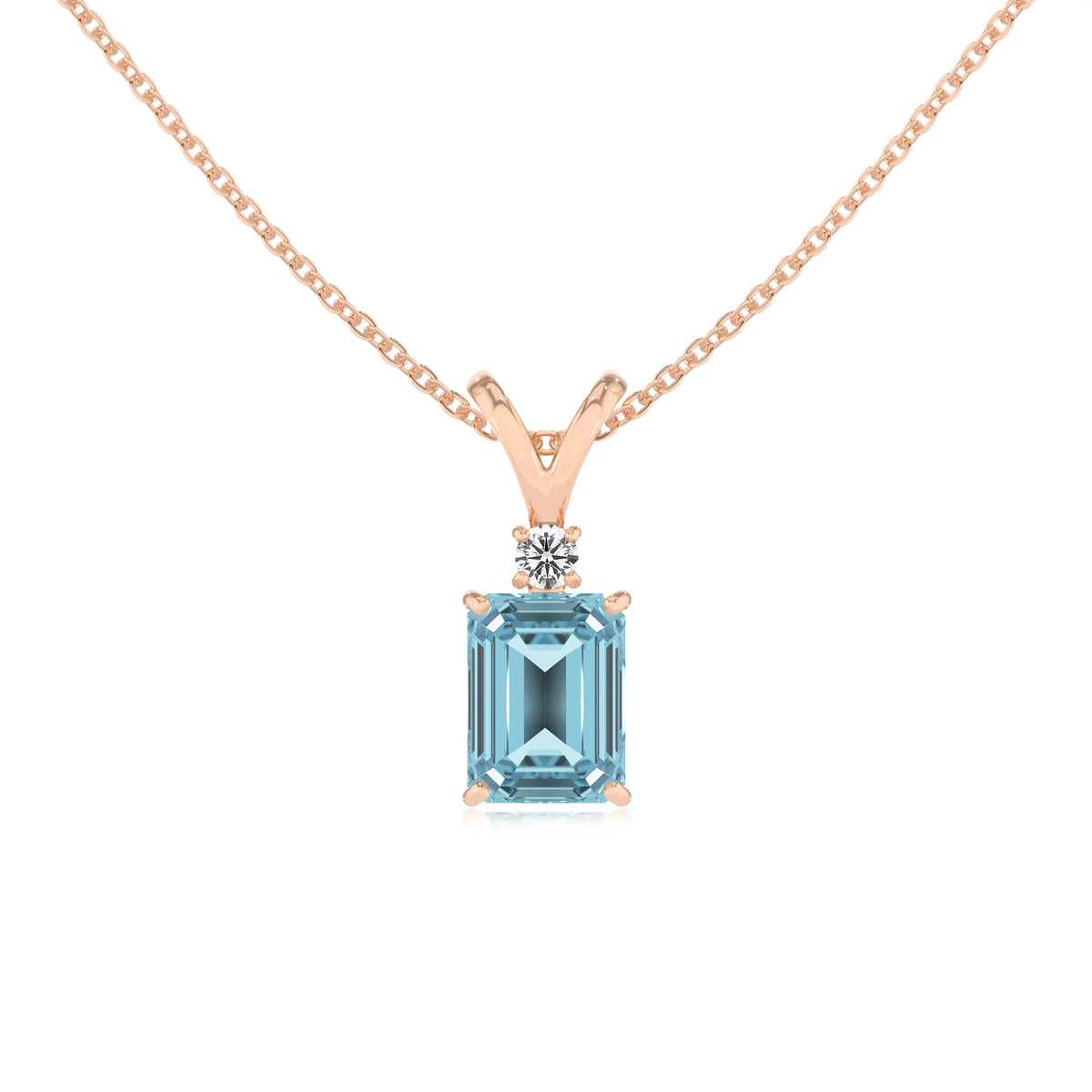 lab grown aquamarine emerald cut solitaire v-bale necklaces in rose gold 