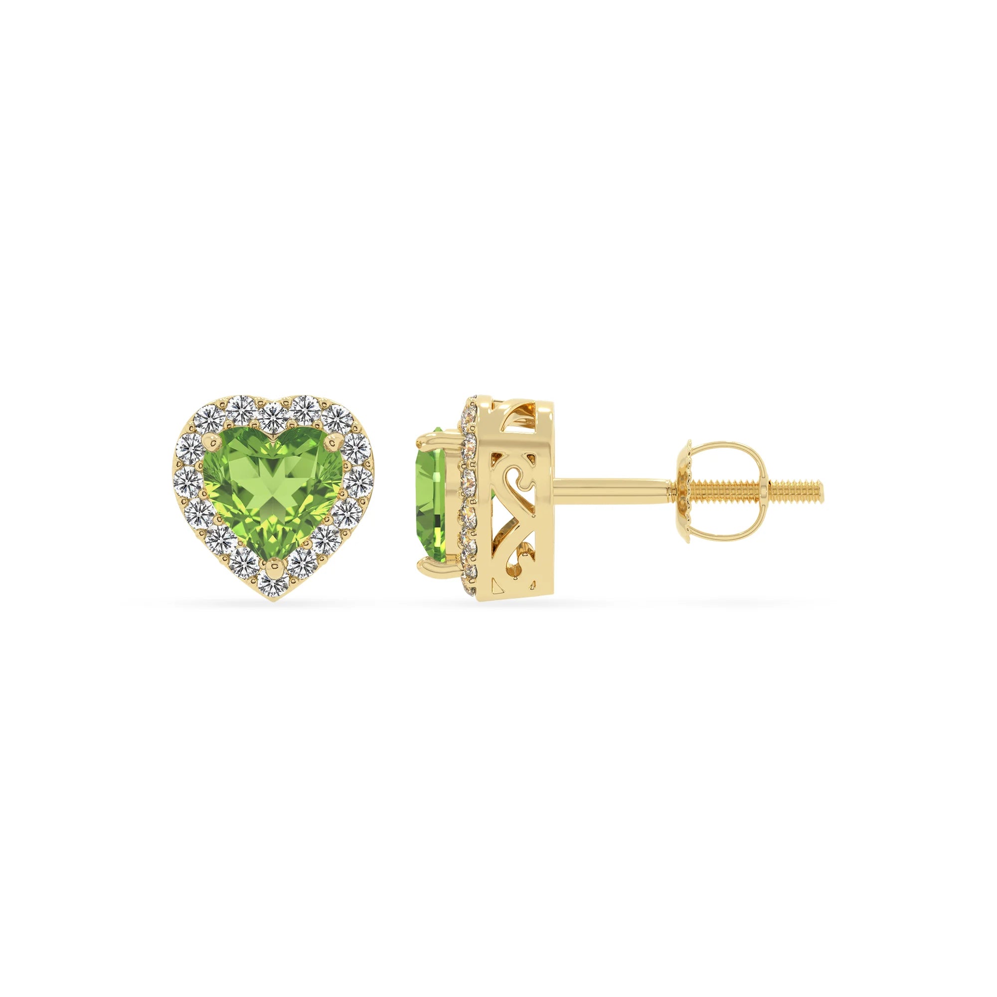 natural peridot heart stud earrings in yellow gold 