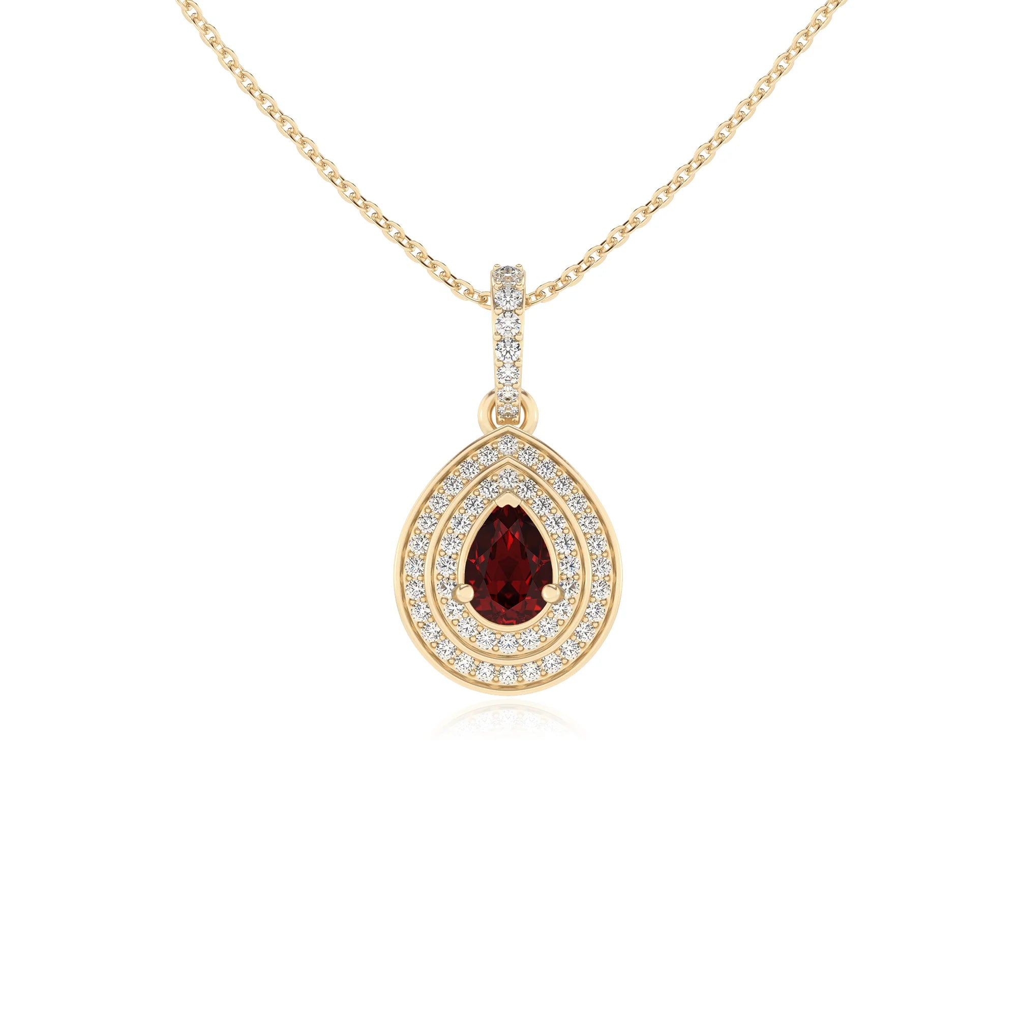 natural garnet pear halo necklaces in yellow gold 
