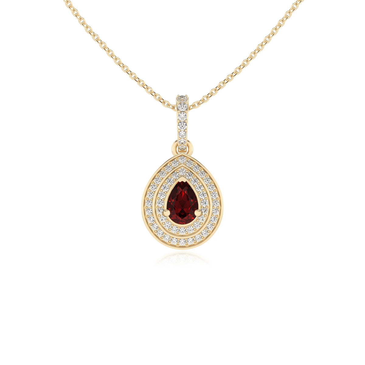 natural garnet pear halo necklaces in yellow gold 