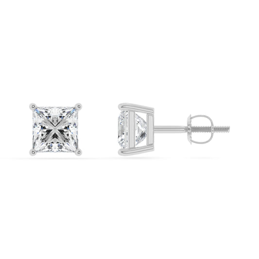 lab grown moissanite princess stud earrings in white gold 