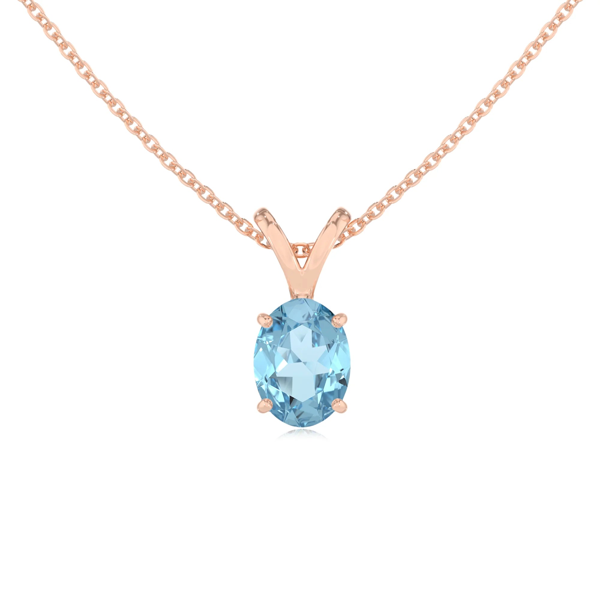 lab grown aquamarine oval solitaire v-bale necklaces in rose gold 
