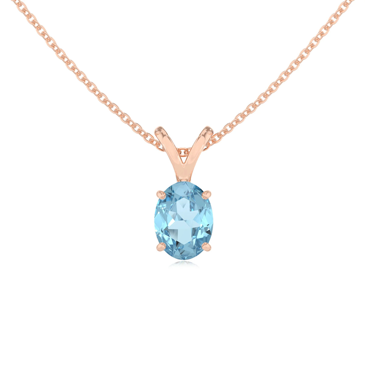 lab grown aquamarine oval solitaire v-bale necklaces in rose gold 