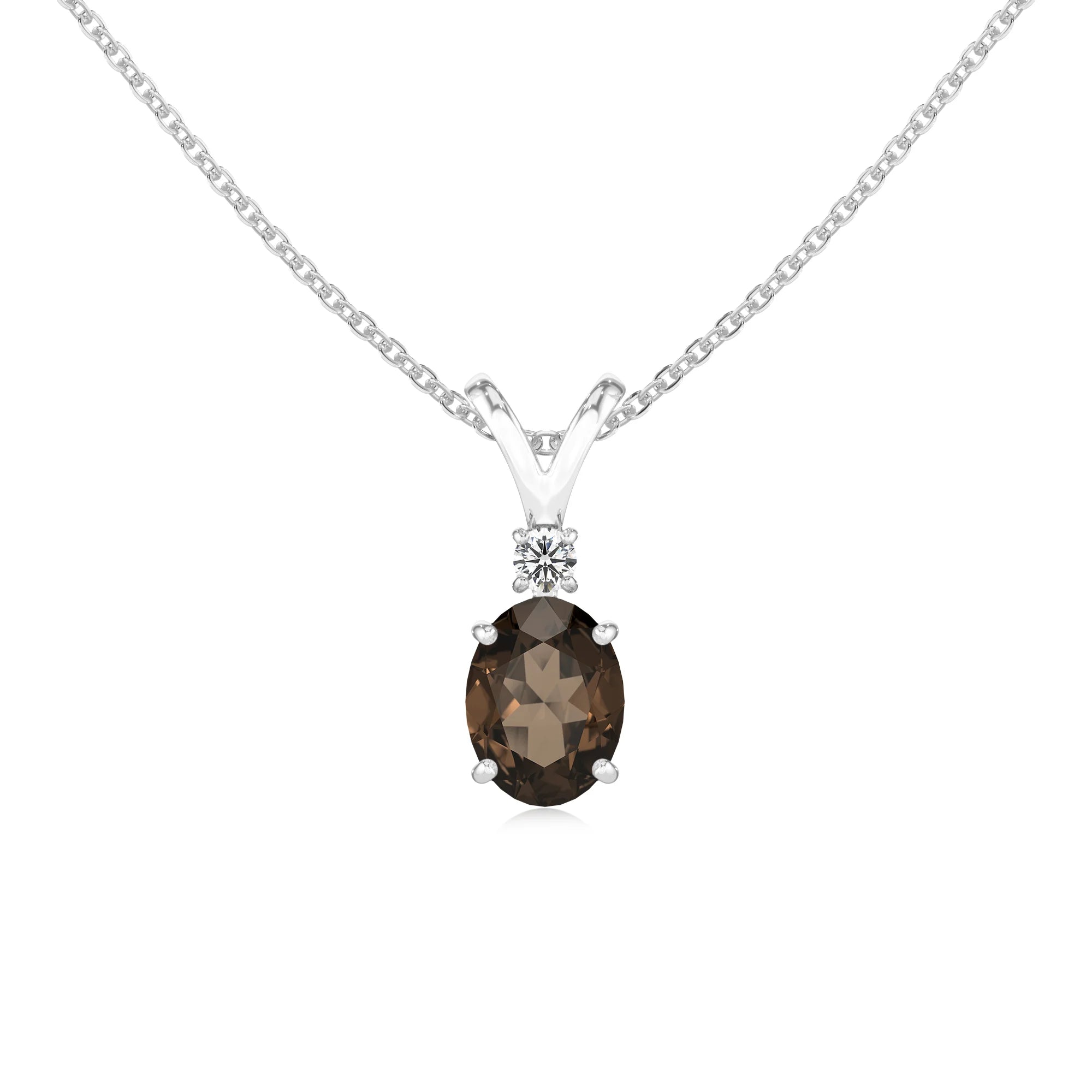 natural smoky-quartz oval solitaire v-bale necklaces in white gold 