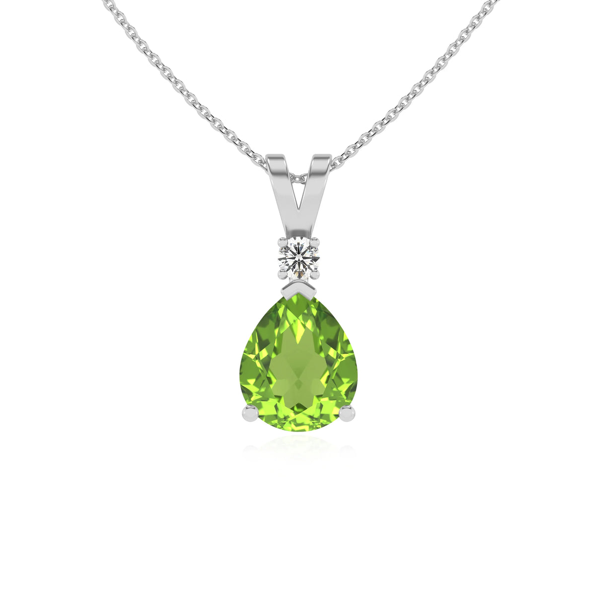 natural peridot pear solitaire v-bale necklaces in white gold 