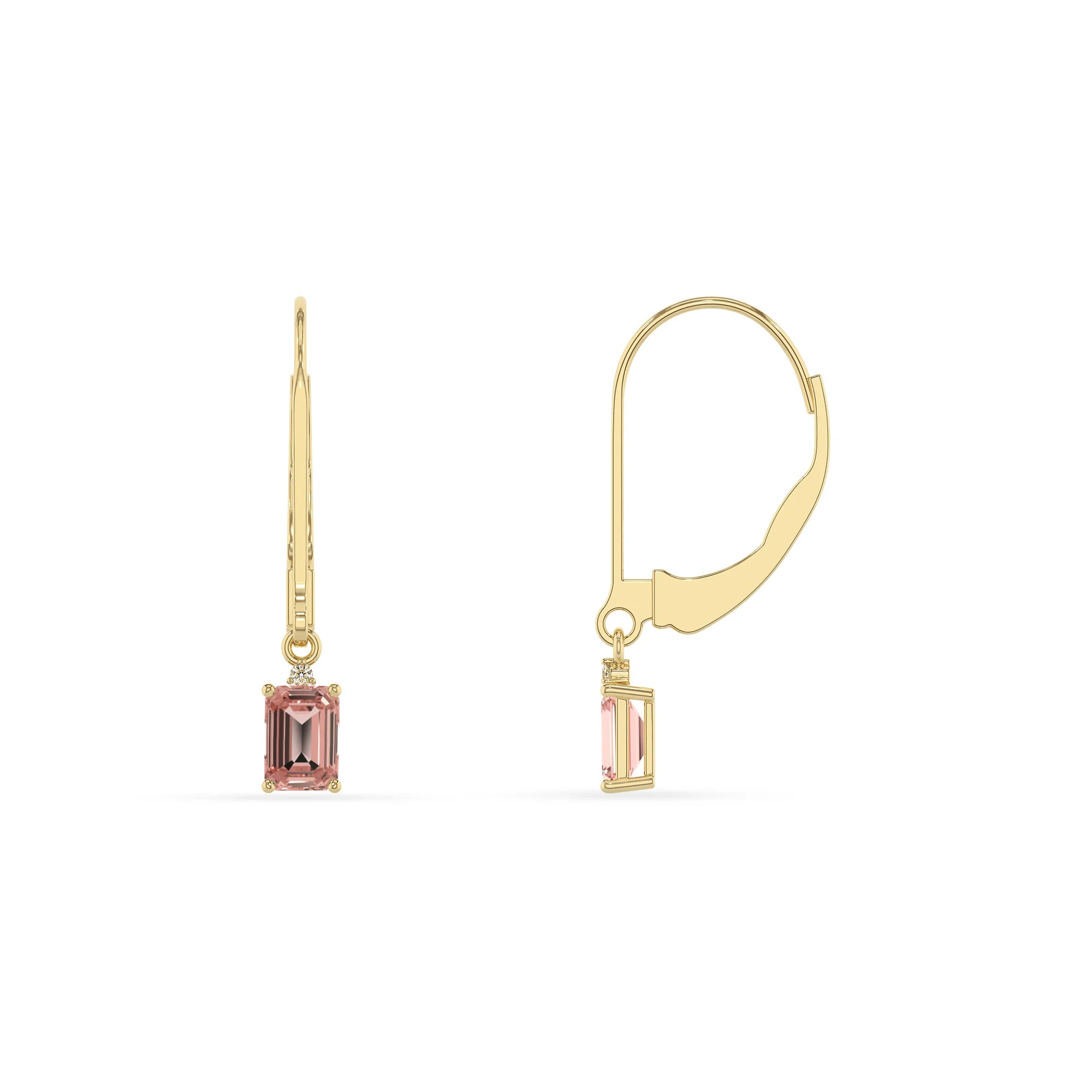 lab grown morganite emerald cut drop earrings in yellow gold 