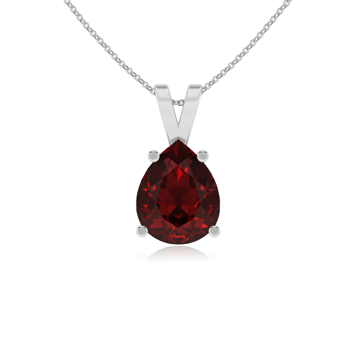 natural garnet pear solitaire v-bale necklaces in platinum 