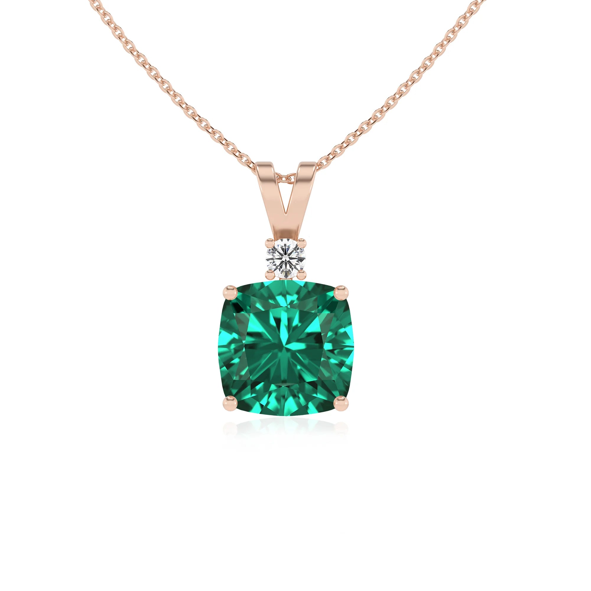 lab grown emerald cushion solitaire v-bale necklaces in rose gold 
