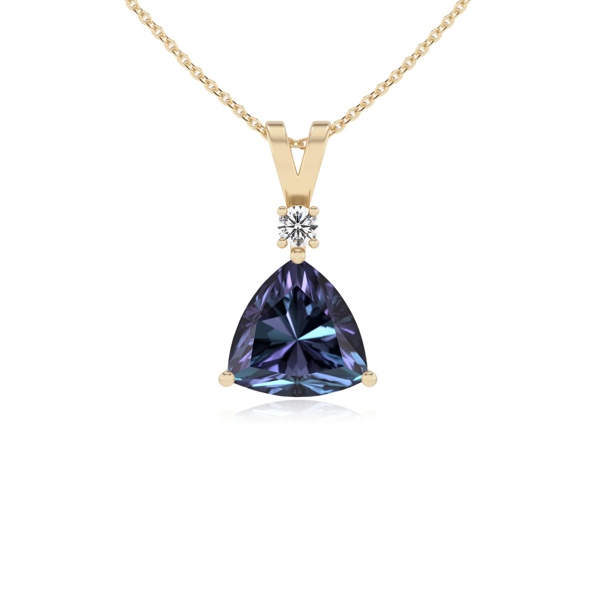 lab grown alexandrite trillion solitaire v-bale necklaces in yellow gold 