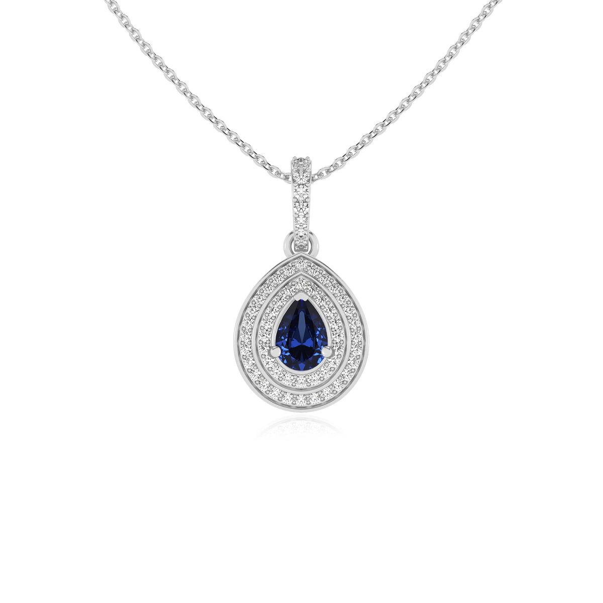 lab grown blue-sapphire pear halo necklaces in white gold 