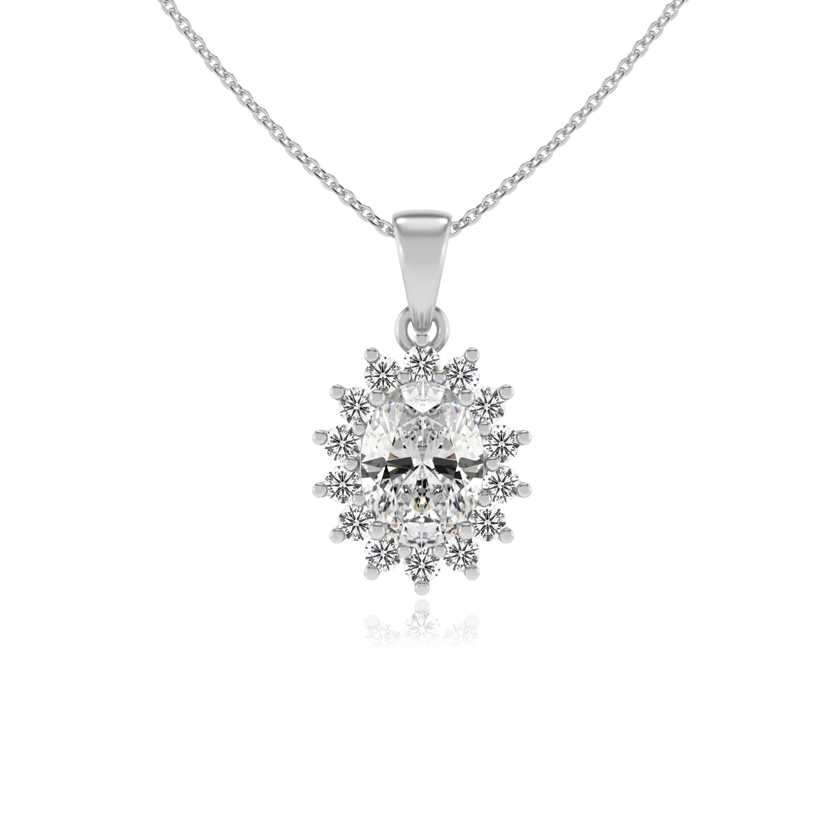 lab grown moissanite oval halo necklaces in platinum 