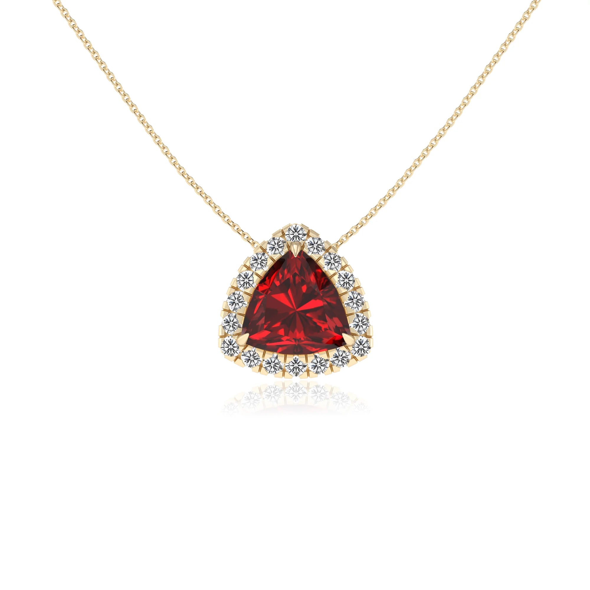 lab grown ruby trillion solitaire necklaces in yellow gold 