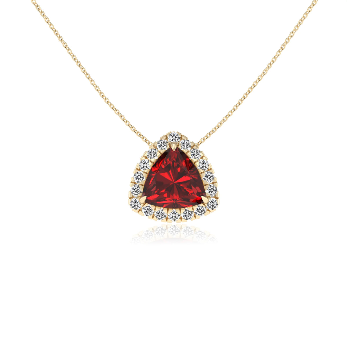 lab grown ruby trillion solitaire necklaces in yellow gold 