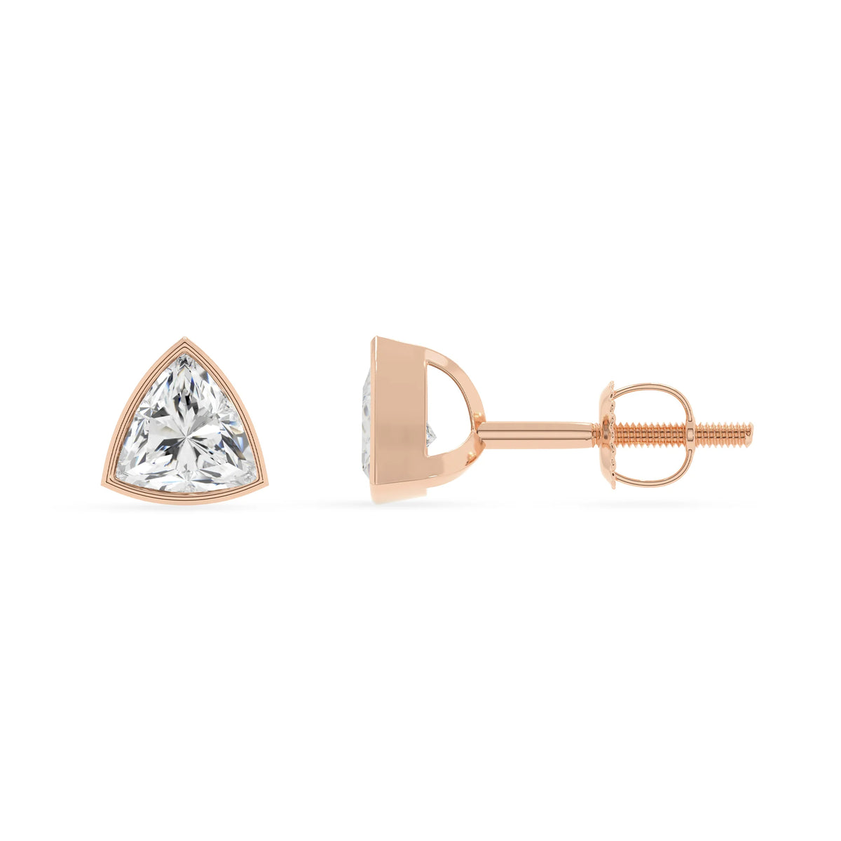 lab grown moissanite trillion stud earrings in rose gold 