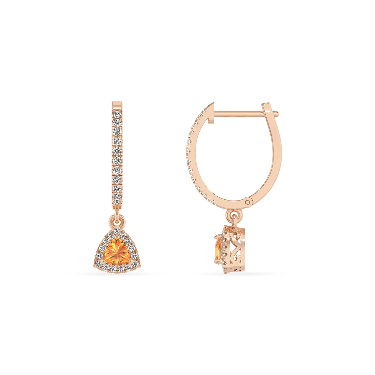 lab grown citrine trillion drop earrings in rose gold 