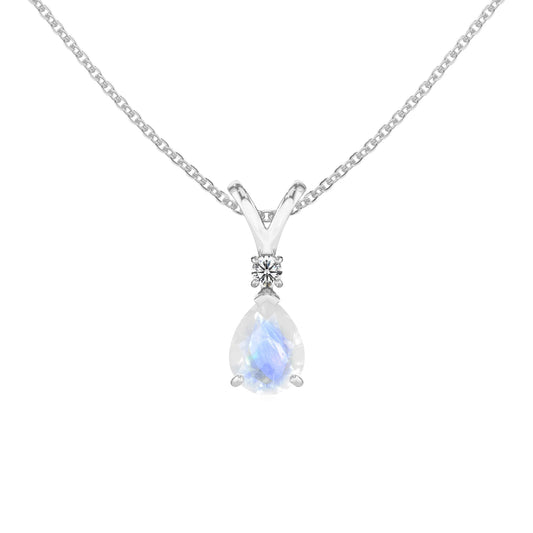 natural rainbow-moonstone pear solitaire v-bale necklaces in white gold 