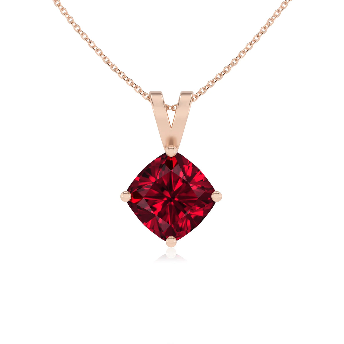 lab grown ruby cushion solitaire v-bale necklaces in rose gold 