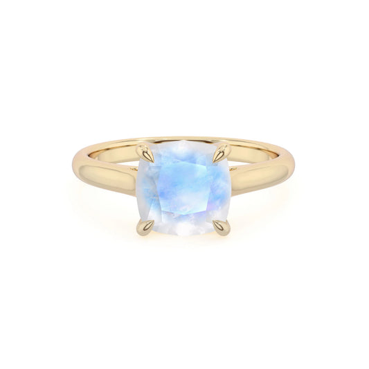 natural rainbow-moonstone cushion solitaire rings in yellow gold 
