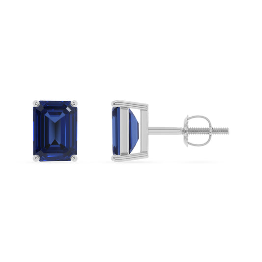 lab grown blue sapphire emerald cut stud earrings in white gold 