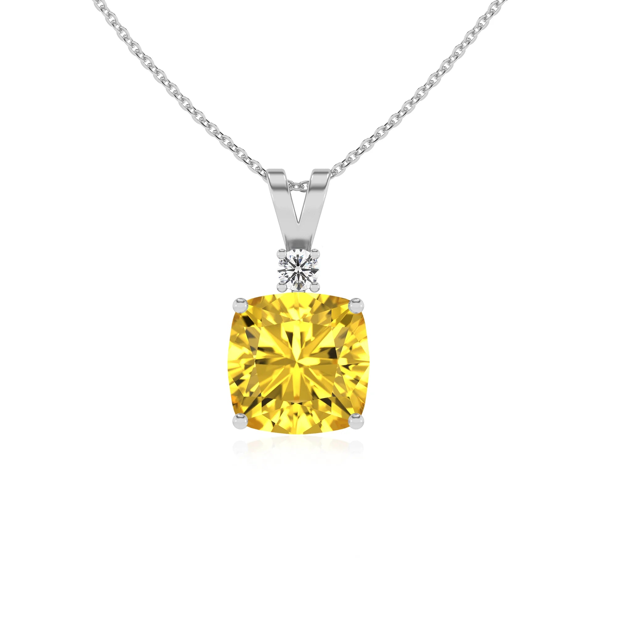 lab grown yellow-sapphire cushion solitaire v-bale necklaces in white gold 
