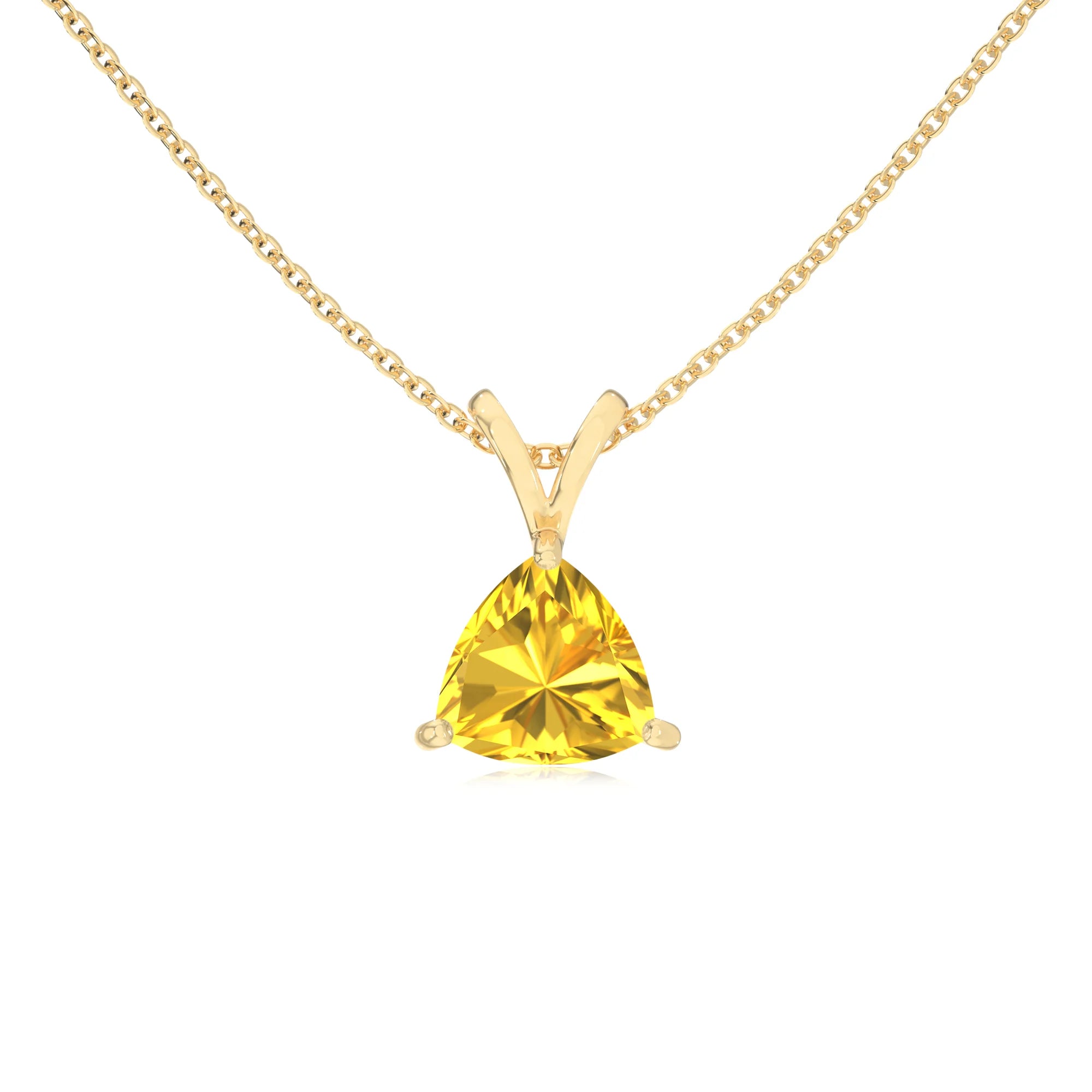 lab grown yellow-sapphire trillion solitaire v-bale necklaces in yellow gold 