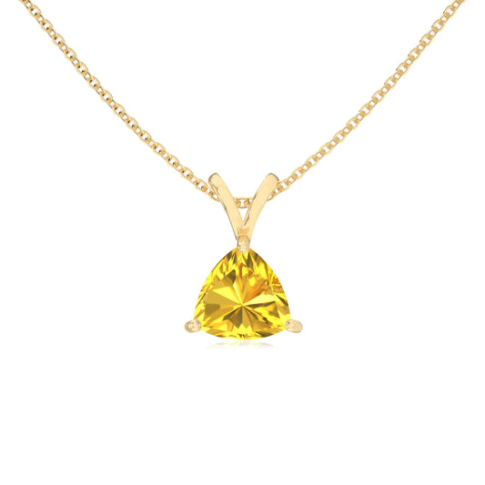 lab grown yellow-sapphire trillion solitaire v-bale necklaces in yellow gold 