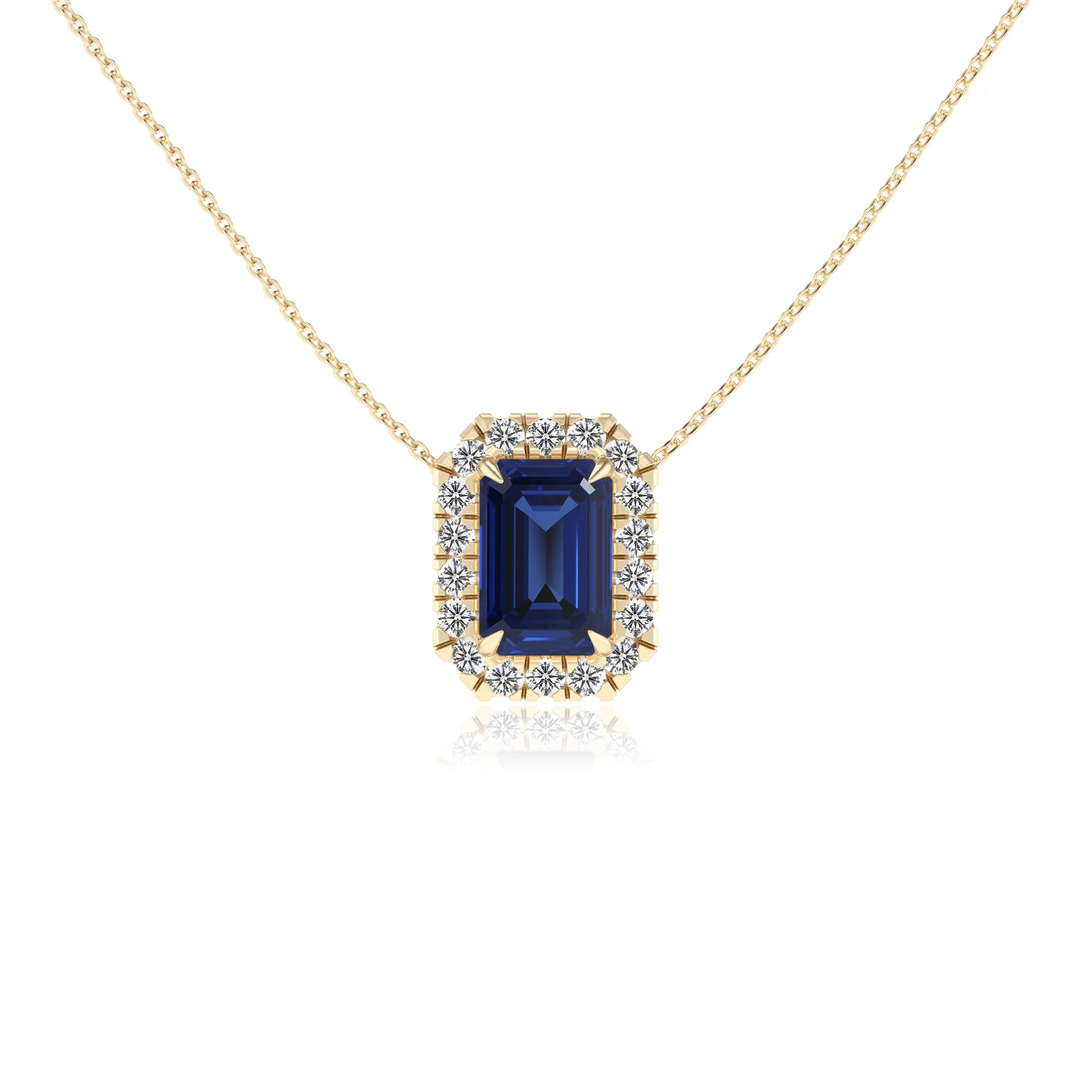 lab grown blue sapphire emerald cut solitaire necklaces in yellow gold 