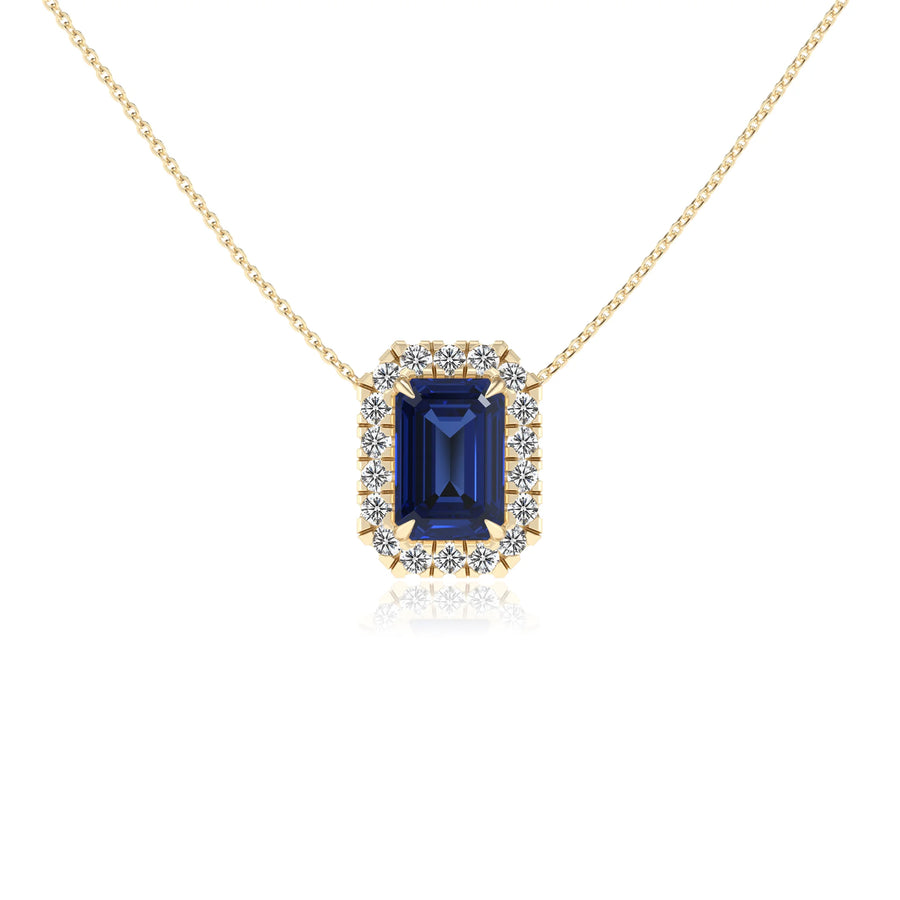 lab grown blue sapphire emerald cut solitaire necklaces in yellow gold 