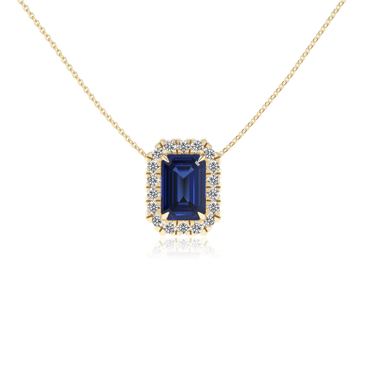 lab grown blue sapphire emerald cut solitaire necklaces in yellow gold 