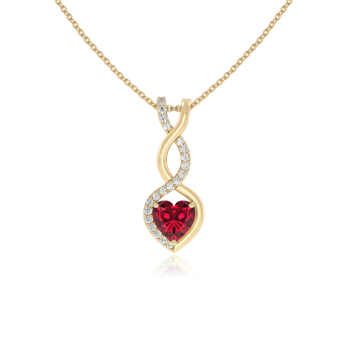 lab grown ruby heart infinity necklaces in yellow gold 