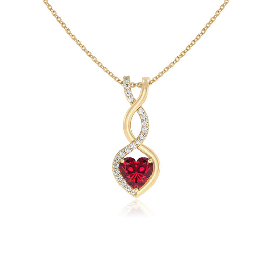 lab grown ruby heart infinity necklaces in yellow gold 