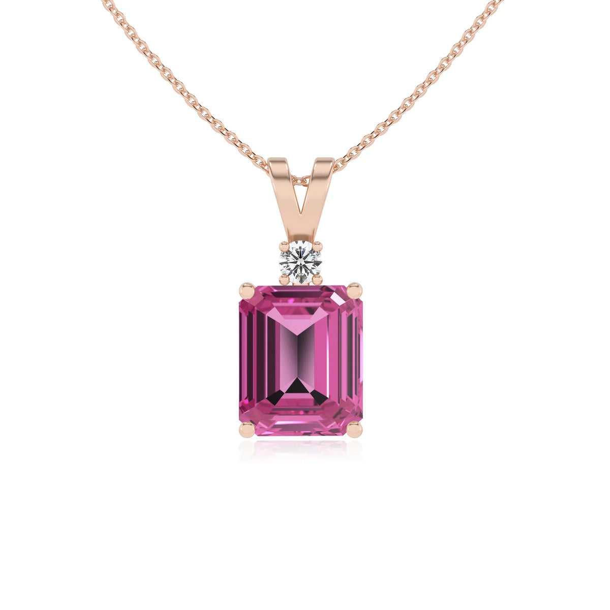 lab grown pink-sapphire emerald cut solitaire v-bale necklaces in rose gold 
