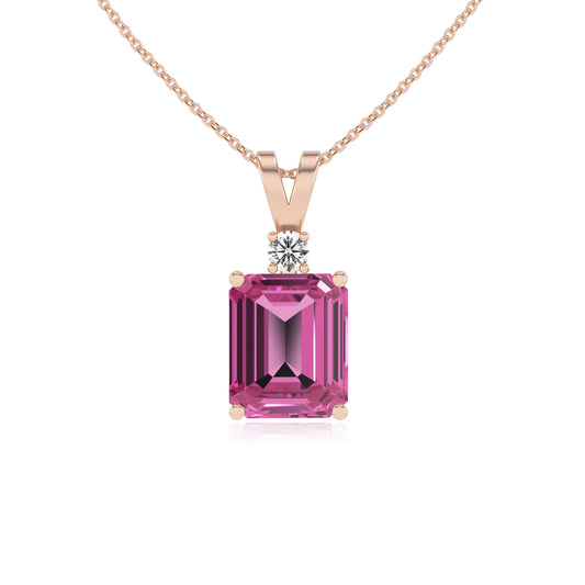 lab grown pink-sapphire emerald cut solitaire v-bale necklaces in rose gold 