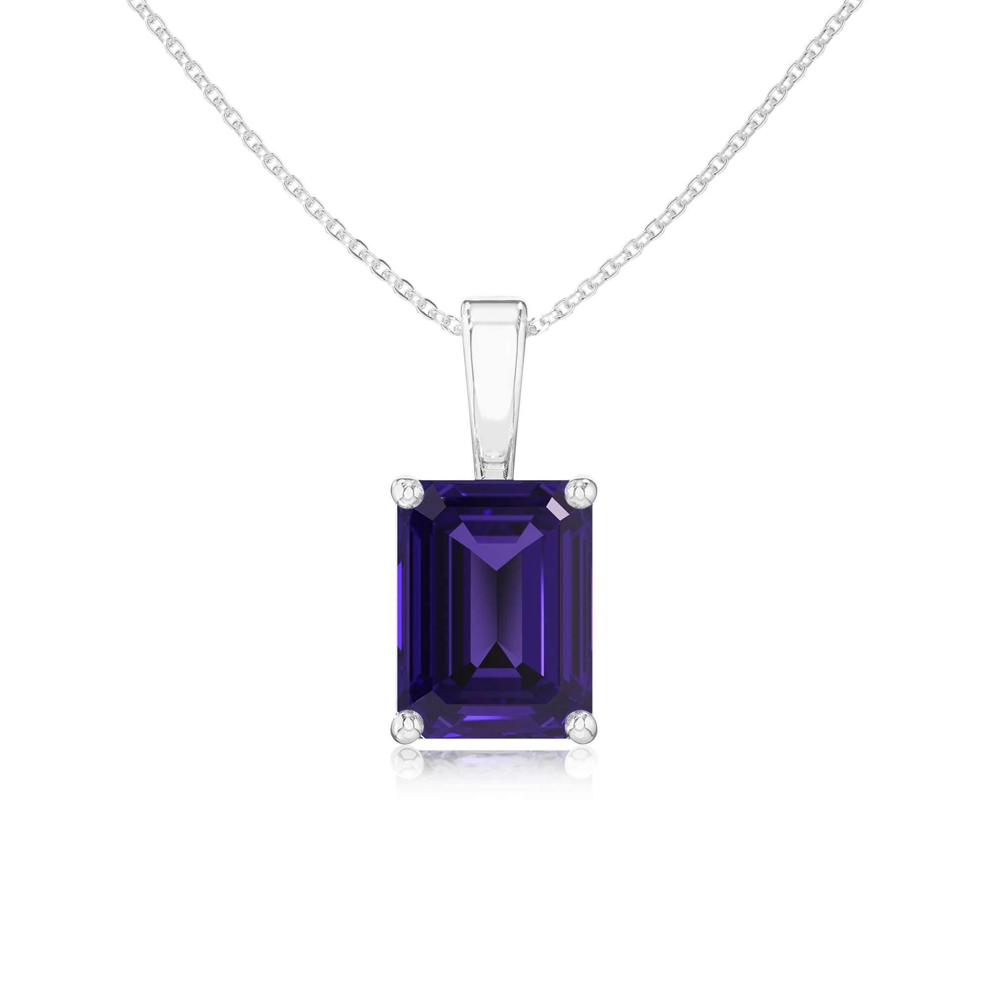 lab grown tanzanite emerald cut solitaire necklaces in white gold 